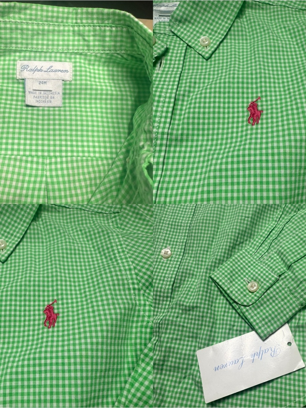 Polo by Ralph Lauren Green Gingham Button-Down Shirt with Pink Pony size 24mnth
